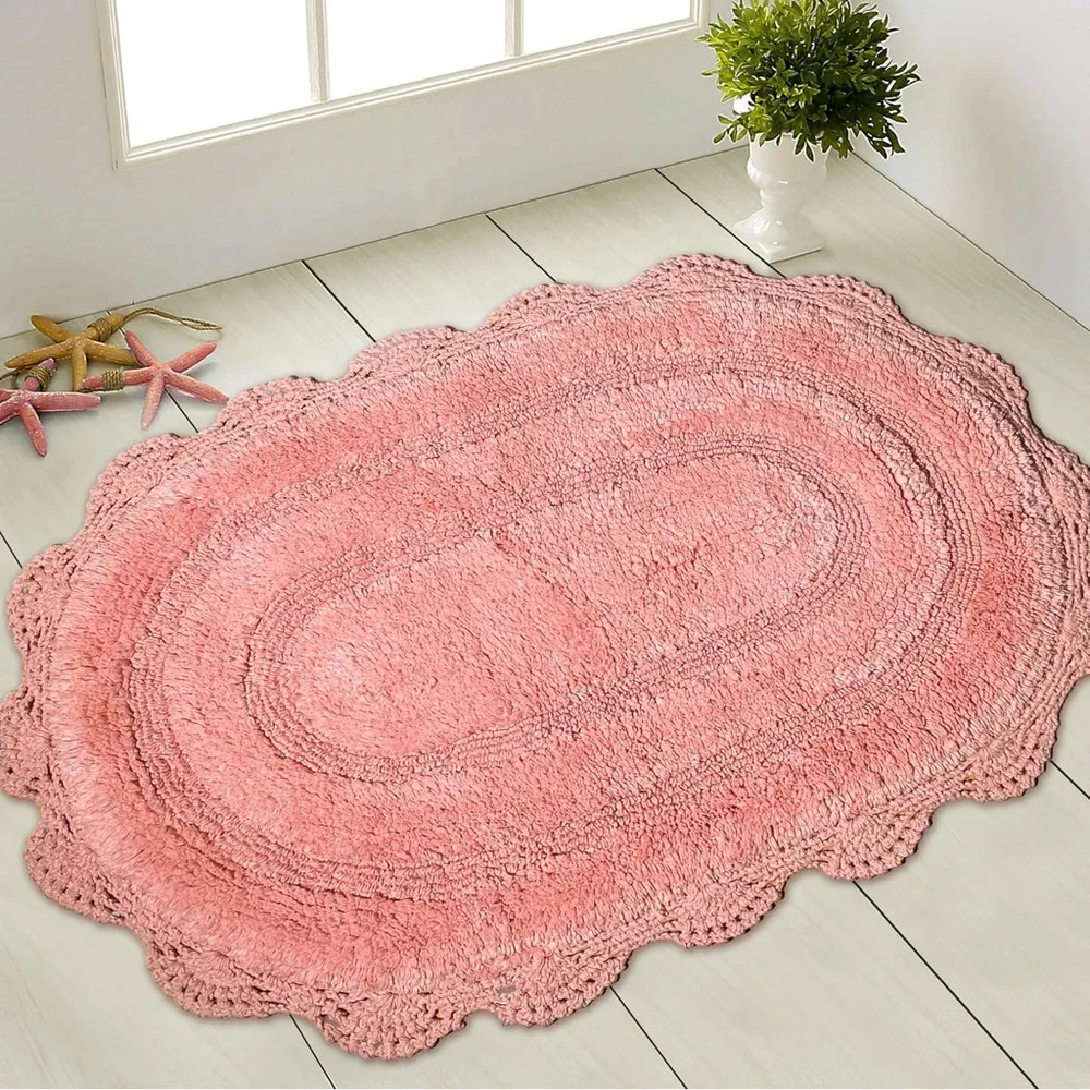 Chardin home Blush Pink Bathrug, 100% Cotton Oval bathmat Crochet Border, 21x34
